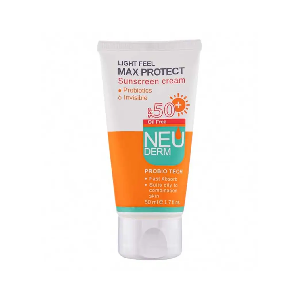 کرم ضد آفتاب نئودرم بی رنگ مدل Max Protect فاقد چربی SPF50 حجم 50 میل